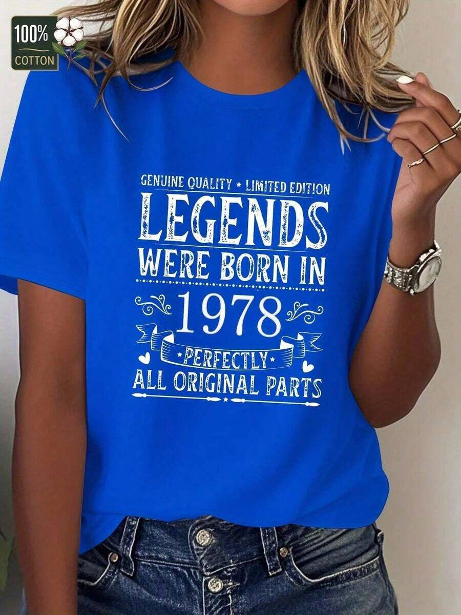 Camisa de Algodón Casual de Última Moda para Mujer: Nacida en 1978, Camisa de Algodón para Mujer con un Ajuste Cómodo. Estilo versátil adecuado para el verano. Camiseta básica de algodón con cuello redondo para mujer. - Azul - Ver 1