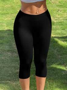 Women's High Waist Casual Elastic 3/4 Leggings, Solid Color Knitted Polyester Fabric, Suitable For Spring, Summer And Autumn Black - Black - View 5