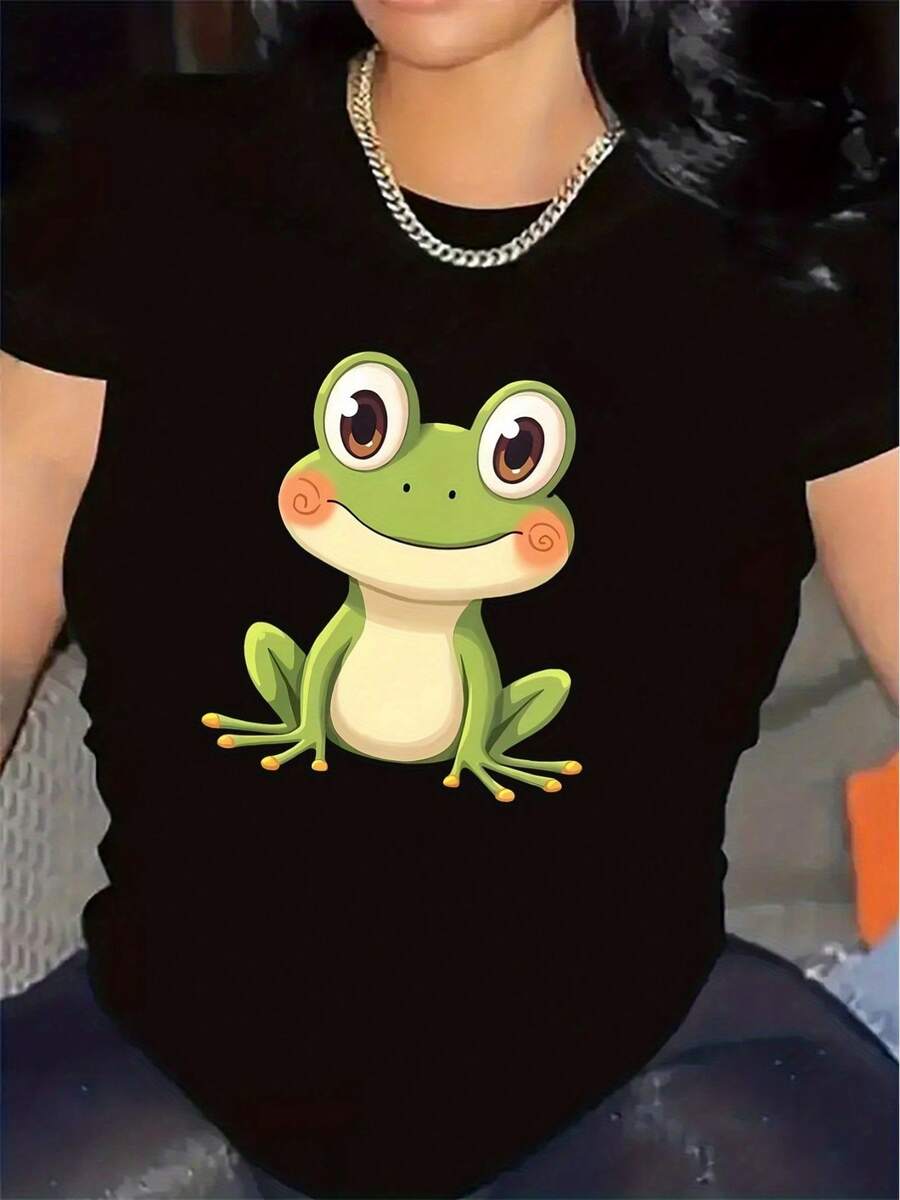 Camiseta de manga corta con diseño de rana adorable |   Duradera y cómoda, ideal para sala de estar o comedor casual, tejido suave, top ligero y transpirable, cuello redondo, elasticidad media - Negro - Ver 1
