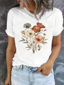 Soft 100% Cotton Plus Size T-Shirt, Casual Printed T-Shirt For Women, Featuring A Vintage Floral Bouquet Illustration Print, Unisex T-Shirt For Women And Men, Suitable For All Seasons, Everyday Wear T-Shirt, Perfect Gift, Fashionable Choice. Breathable Cotton T-Shirt, Goes With Everything. - 白色 - 查看 6
