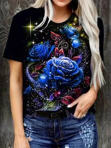 Camiseta de manga corta para mujer con estampado elegante, corte ajustado y cuello redondo. - Negro - Ver 5