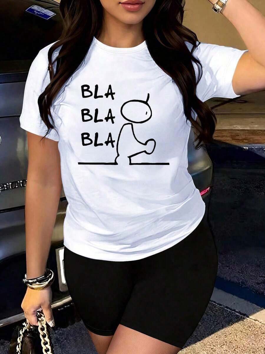 Camiseta de algodón puro, estampado minimalista y divertido, top de mujer: festivo, con cuello, mangas anchas, ideal para todos los días y para la oficina. - Blanco - Ver 1