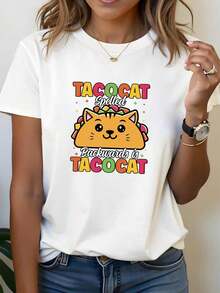 Camiseta de Mujer, Estilo Carnaval Mexicano del 5 de Mayo, Estampado Gráfico "TACOCAT Escrito al Reverso", Camiseta de Manga Corta con Cuello Redondo para Mujer, Perfecta para Salidas Casuales, Regalos Navideños, Reuniones de Amigos, Fiestas de Música y Atuendos de Vacaciones, Camisetas para Salir para Mujer - Blanco - Ver 7