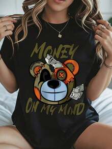 Elegante y casual para mujer, manga corta, camiseta casual para mujer con estampado gráfico de oso de Halloween y la frase "Money On My Mind", color negro, para uso diario en otoño e invierno. - Negro - Ver 8