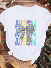 Elegante y casual para mujer, manga corta, camiseta con estampado de lazo colorido y rompecabezas, ropa casual negra para otoño y primavera. - Blanco - Ver 3