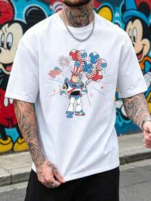 Camiseta de cuello redondo con estampado patriótico del 4 de julio de   Buzz  para hombre, camiseta casual de manga corta, estampado de globos de  y fuegos artificiales, corte holgado, top básico de uso diario para hombre - Camiseta de cuello redondo de manga corta de algodón holgada unisex estilo vintage urbano. blusas.blusas casuales para dama. - Blanco - Ver 2