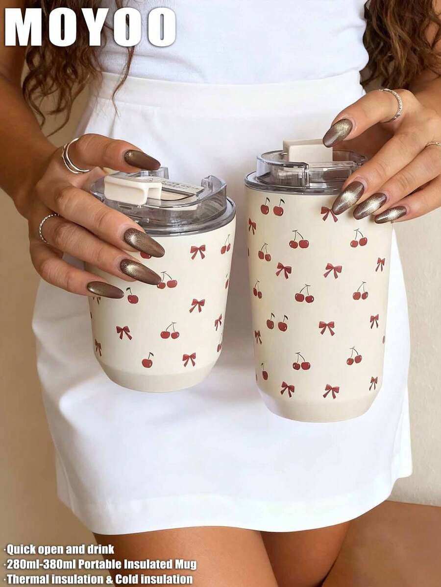 1pc 280ml-380ml Cherry Tulip Themed Double-Wall Stainless Steel Insulated Tumbler, Cup, Water Bottle, Mug, Travel Mug, Coffee Cup, Car Cup, Hot & Cold Use, Suitable For Gym, Office, Kitchen, Home, Outdoor, Restaurant, School, Travel, Holiday Gift, Graduation, Back To School, Valentine's Day, Anniversary, Mother's Day - Multicolor - View 1