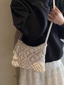 Handwoven Small Crossbody Bag, New Woven Shoulder Bag, Niche Beach Style, Versatile, Square Envelope Bag, Fashionable, Ins Style, Vacation Beach Bag - White - View 5