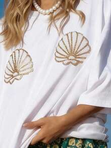 Camiseta de manga corta y cuello redondo para mujer de , adecuada para la temporada de viajes, corte holgado, cómoda y transpirable, con un exquisito diseño de concha, opción ideal para viajes de vacaciones y uso casual en verano de color blanco - Blanco - Ver 3