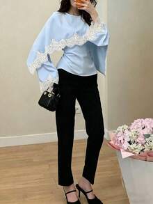 New Arrival Women's Solid Color Lace Patchwork Elegant Long Sleeve Tie Front Satin Top, Suitable For Spring/Summer Vacation - Light Blue - View 2