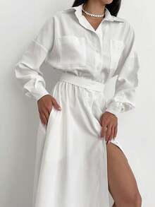 Vestido camisero francés con cuello solapa 2026, corte ajustado, estilo elegante y moderno. - Blanco - Ver 6