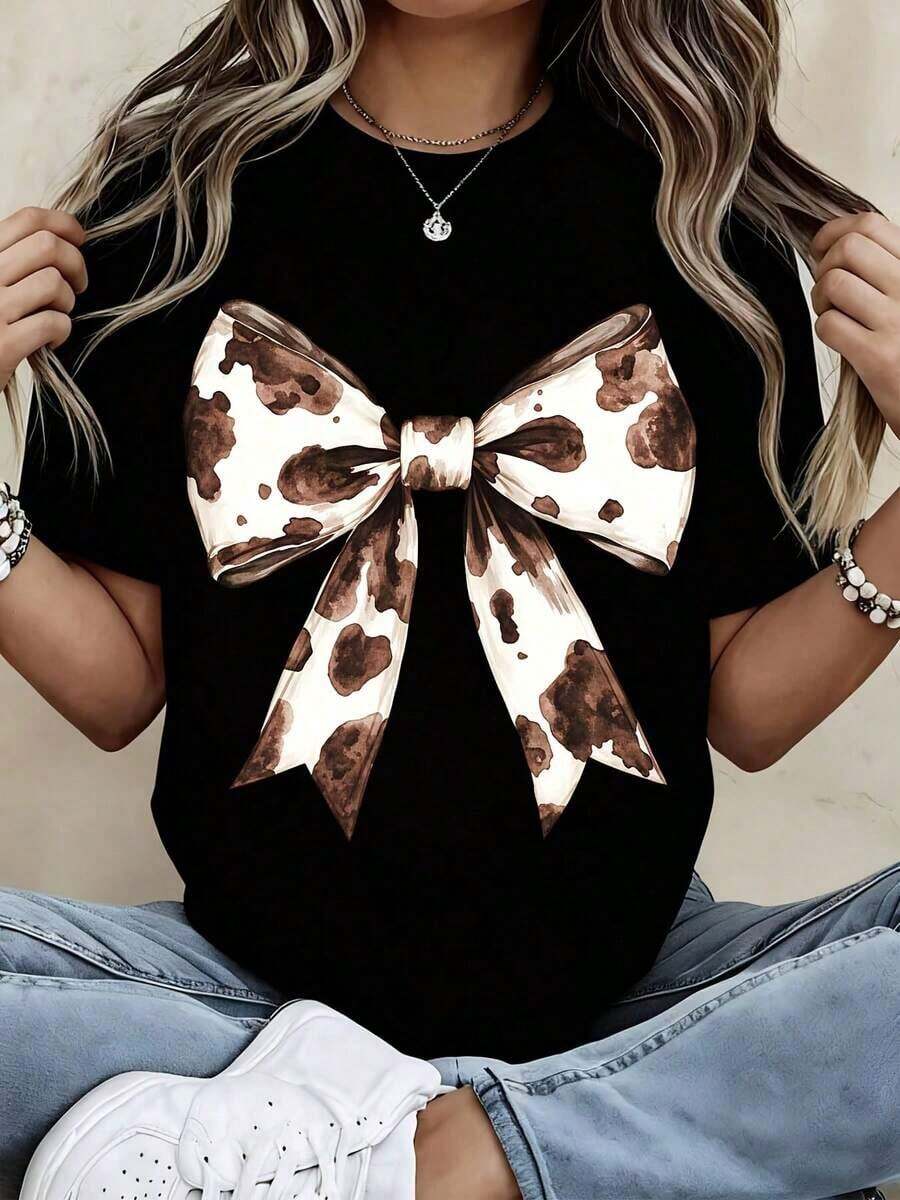 Cute Bow Print T-Shirt, White With Leopard Pattern, Casual Summer Top For Women, Streetwear Style Fashion Outfit, Women's T-Shirt. - 黑色 - 查看 1