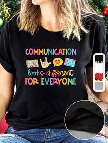 Camiseta con Frases Inspiradoras Retro, Estampado Gráfico de Comunicación, Corte Holgado Casual, Manga Corta con Diseño de Letras e Iconos Coloridos. Camiseta de Algodón Ropa Casual - Negro - Ver 3