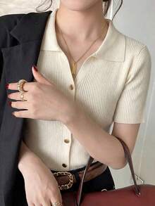 de punto con cuello polo y mangas raglán cortas para mujer, ligera y versátil, ideal para primavera/verano - Albaricoque - Ver 3