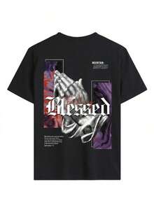 Camiseta conmemorativa Cotton T-shirts for Women Camiseta divertida Oferta limitada en tiempo limitado Funny T-shirts Minimalist Camiseta ligera, cómoda y suave, silueta ajustada, inspirada en el estilo callejero con estampado de gesto de mano de oración y eslogan gótico "Feel" en la espalda, camiseta gráfica casual de verano con cita de fe en negro 3MVV - Negro - Ver 4