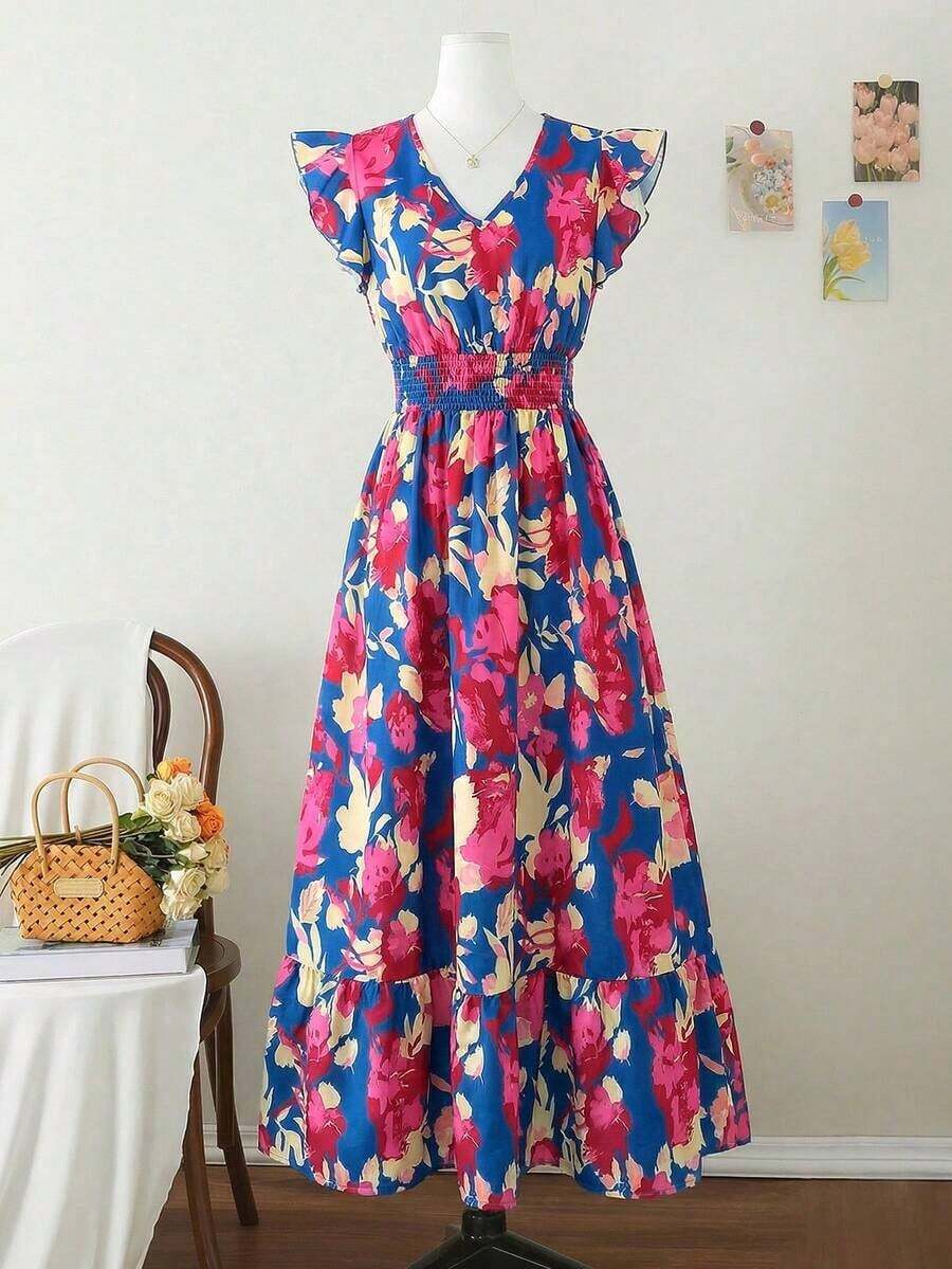 Vestido largo elegante de mujer con cintura fruncida y volantes, vestido de verano para vacaciones, vestido para citas - Multicolor 4 - Ver 1