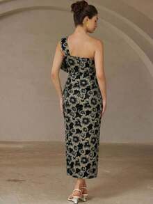 Nuevo vestido de cóctel largo, elegante y de lujo con estilo vintage para dama. Vestido ajustado y entallado sin mangas, con decoración de lazo en el hombro asimétrico oblicuo, de tela jacquard. - Negro - Ver 6