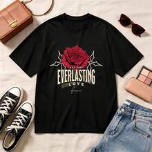 Retro Rose Everlasting Love, 100% Cotton Oversized Soft Breathable Casual Crewneck Short Sleeve Top, Romantic Vintage Streetwear Summer Vibes Aesthetic - Negro - Ver 1