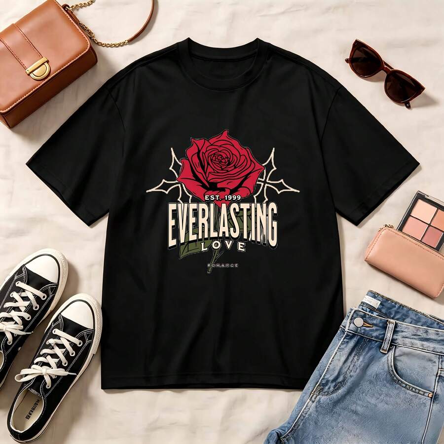 Retro Rose Everlasting Love, 100% Cotton Oversized Soft Breathable Casual Crewneck Short Sleeve Top, Romantic Vintage Streetwear Summer Vibes Aesthetic - Negro - Ver 1