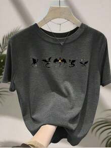 Camiseta de manga corta con estampado de leopardo y decoración de corazón para mujer - Gris - Ver 1