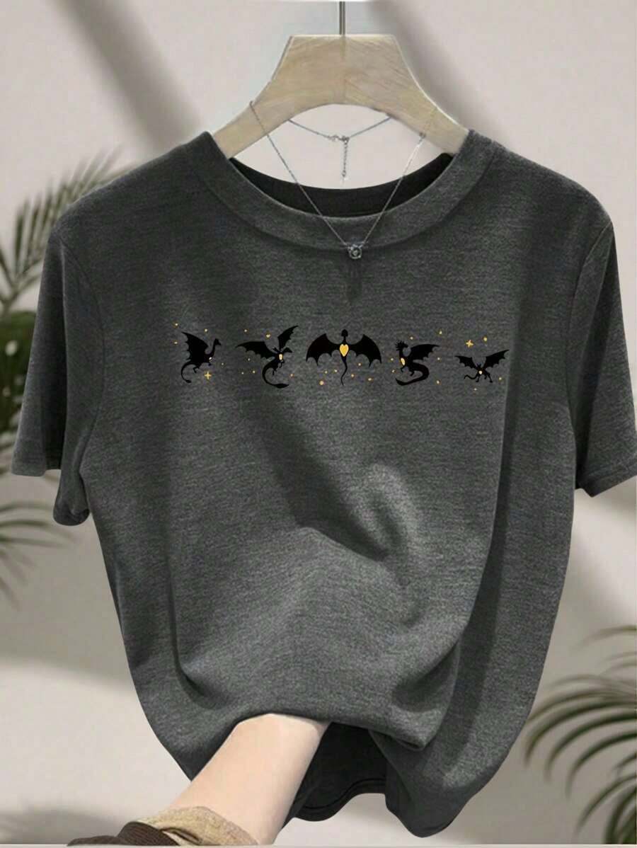 Camiseta de manga corta con estampado de leopardo y decoración de corazón para mujer - Gris - Ver 1