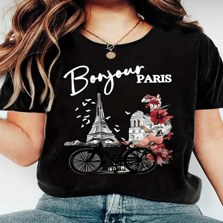Camiseta informal de mujer de algodón con cuello redondo y manga corta, con estampado gráfico "Bonjour Paris". - Negro - Ver 1
