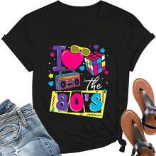 playera de manga corta con dise?o de I Love The 80's para mujer, estilo clásico de los a?os 80 - Negro - Ver 2