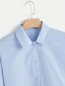 Camisa blanca corta con botones delanteros, top de manga larga - Celeste - Ver 4