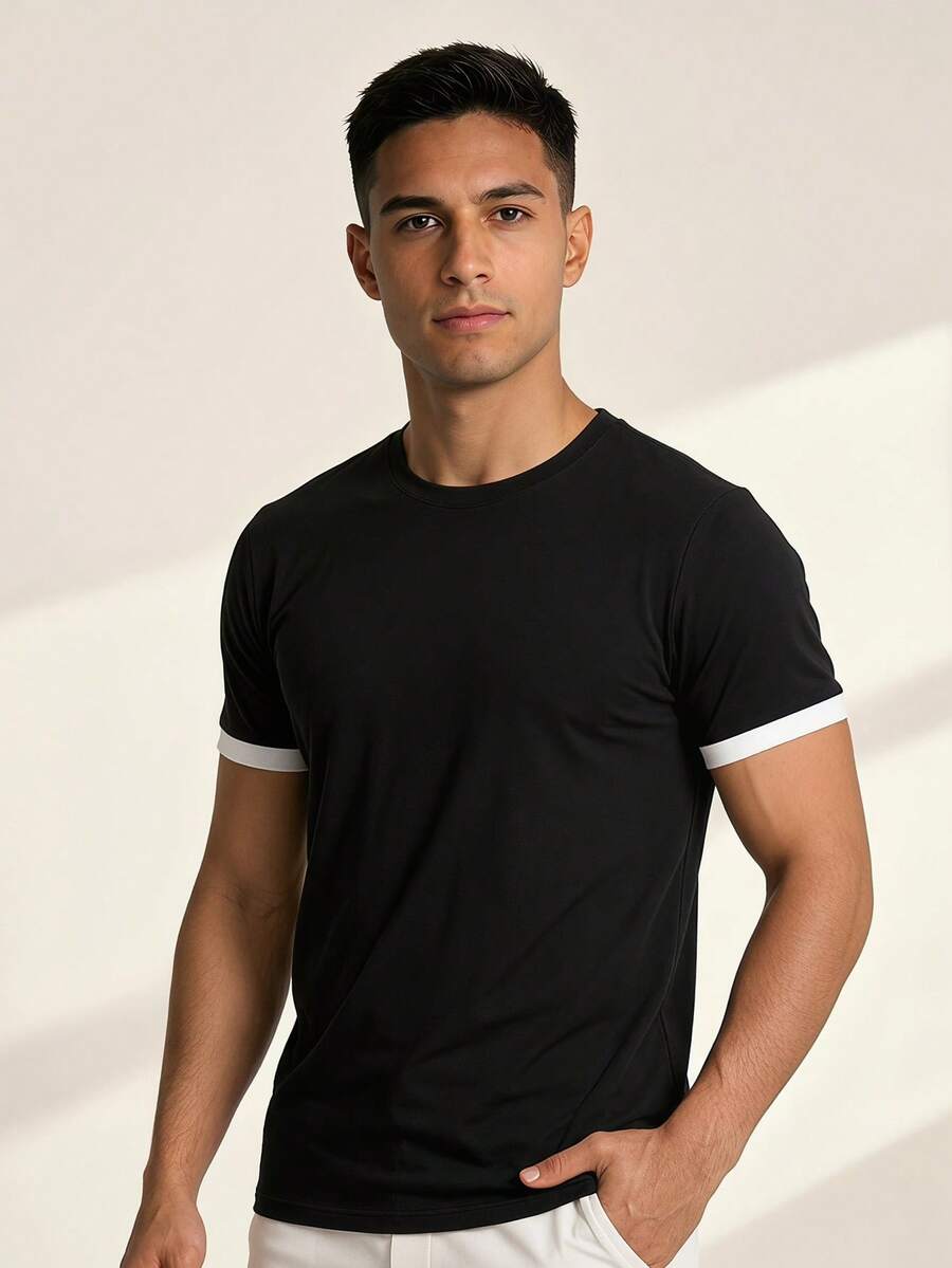 Driftmere Camiseta de manga corta casual y versátil de cuello redondo para hombres - Negro - Ver 1