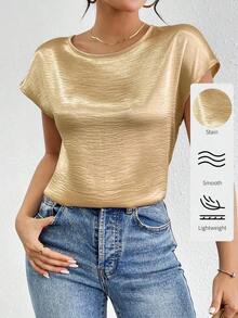 Blusa holgada y elegante casual con hombros de lámina metálica para mujer; Blusa de unicolor de satén con mangas tipo murciélago y cuello plisado para mujer - Champán - Ver 7