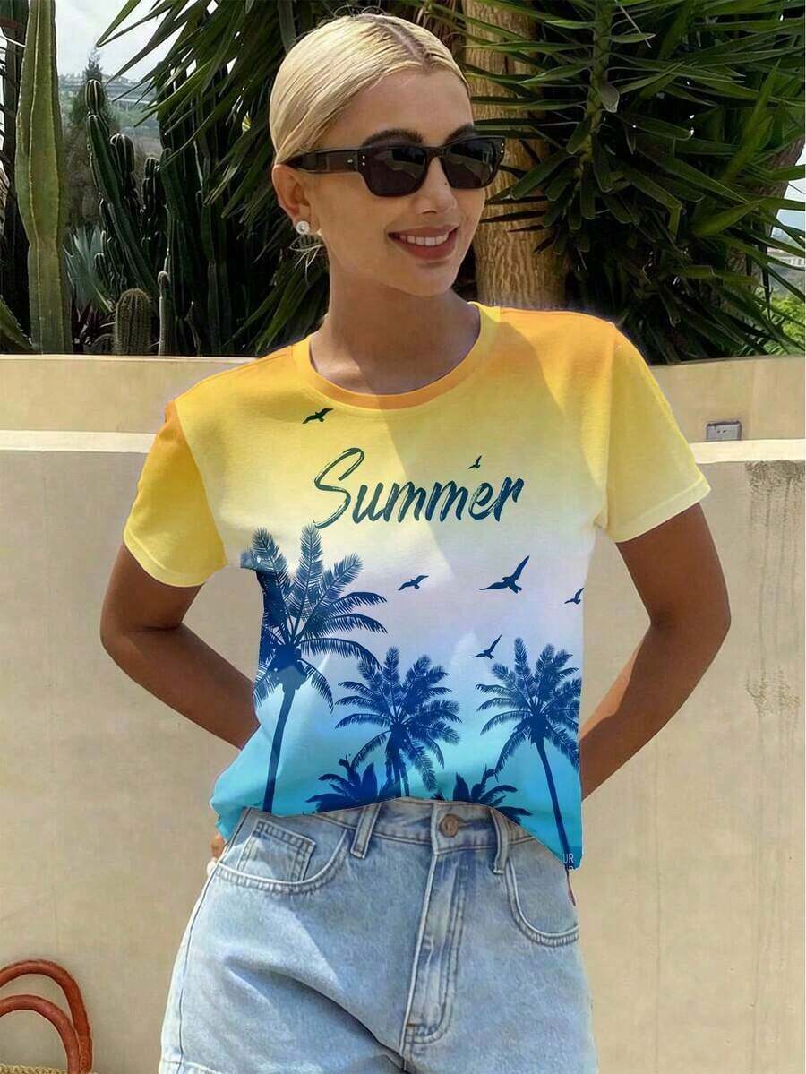 Camiseta casual de mujer de manga corta de verano con estampado de letras y degradado de color - Multicolor 2 - Ver 1