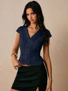 Blusa de mujer de unicolor con diseño de botones y encaje en contraste - Azul marino - Ver 5