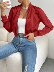 Chaqueta bomber corta con cremallera de color liso, chaqueta ligera de mujer de uso casual para primavera/otoño con manga regular, cuello tipo béisbol y ajuste regular en color negro liso - Rojo - Ver 6