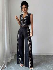 Set de 2 piezas de top de tirantes y pantalones con estampado floral, conjunto de vestir elegante de verano - Negro - Ver 6