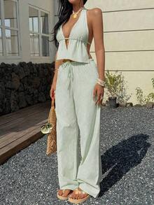 2 piezas Conjunto de top corto bandeau con volantes y pantalones de pierna ancha a rayas de Vaiaye, conjunto de camisola de lino a rayas de cuello en V profundo y pantalones casuales sueltos con cordón, conjunto sexy, lindo y elegante romántico de verano, algodón rastreable - verde claro - Ver 4