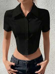 Camisa de mujer de verano con botones y tejido - Negro - Ver 6