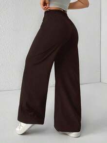 Pantalones de pierna de campana con cintura alta, elásticos y acanalados para mujeres - Marrón - Ver 2
