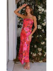 Women Midi Dresses - Big Red Floral Print - View 2