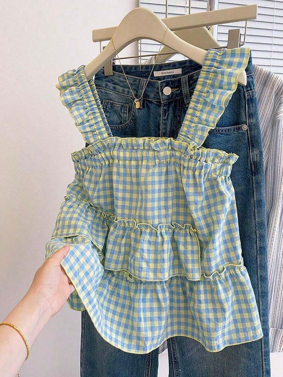 Blusa holgada sin mangas con volantes en el bajo, para mujer talla grande, de verano - Multicolor - Ver 1