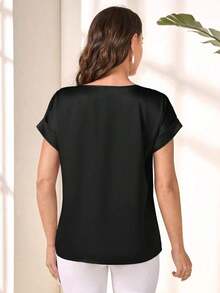 Blusa suelta elegante de verano para mujer con cuello redondo, mangas cortas tipo murciélago y unicolor - Blusas de manga corta - Negro - Ver 2
