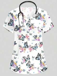 Blusa de mujer con cuello en V blanco, manga corta, con doble bolsillo, con estampado de dibujos animados lindos, estampado de animales de granja, uniforme de enfermera/médico, ropa de trabajo de unicolor para peluquería de mascotas, bata de labo - Blanco 3 - Ver 6
