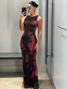 Vestido largo de tirantes con abertura lateral con estampado gráfico - Rojo - Ver 1