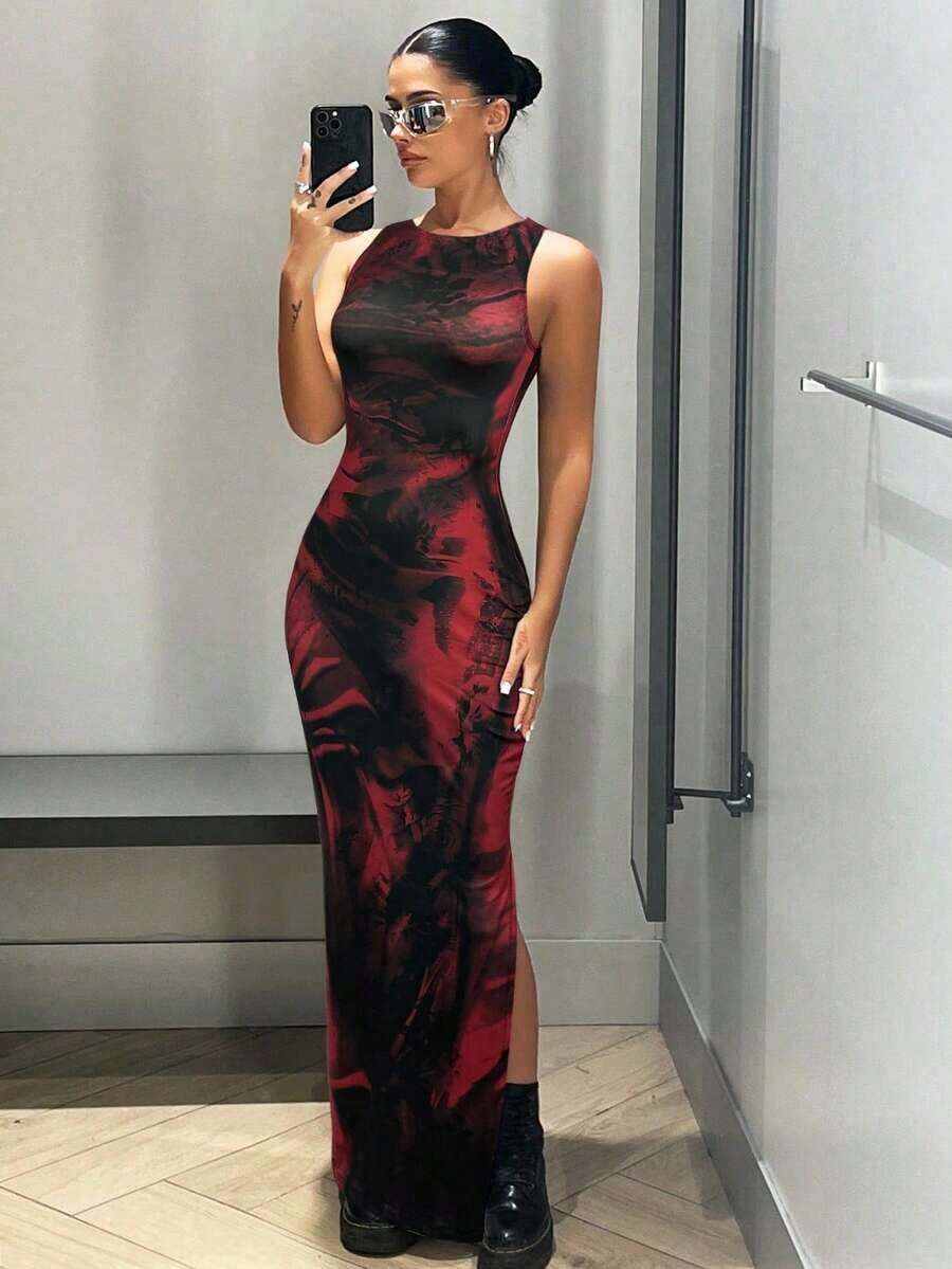 Vestido largo de tirantes con abertura lateral con estampado gráfico - Rojo - Ver 1