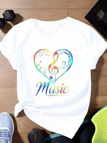 ¡Oferta por tiempo limitado, unidades limitadas,  relámpago! Camisas casuales para mujer, camisetas de poliéster para mujer, camisas elegantes.,Camiseta deportiva de manga corta para mujer con diseño de símbolo musical. - Blanco - Ver 3