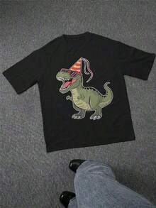 Cool Men's T-Shirt, 100% Heavyweight 220gsm Cotton, With A Fun Party Dinosaur Wearing Sunglasses, Perfect For Casual Wear, Birthday Parties, Or As A Gift For Dinosaur Lovers. It's A Cool And Unique Present. - 黑色 - 查看 3