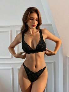 Conjunto de lencería cómoda con encaje floral para mujer - Negro - Ver 2