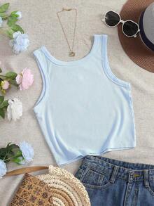 Top de tirantes con bordado de ballena para mujer, chaleco bordado con ribete de concha a la moda - Celeste 2 - Ver 2