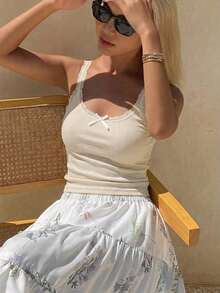 Camiseta sin mangas de mujer con encaje, parches y lazo, ajuste ceñido, casual y sexy - Albaricoque - Ver 5