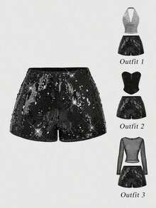 Pantalones cortos negros glamorosos de mujer con adornos de lentejuelas - Negro 2 - Ver 6