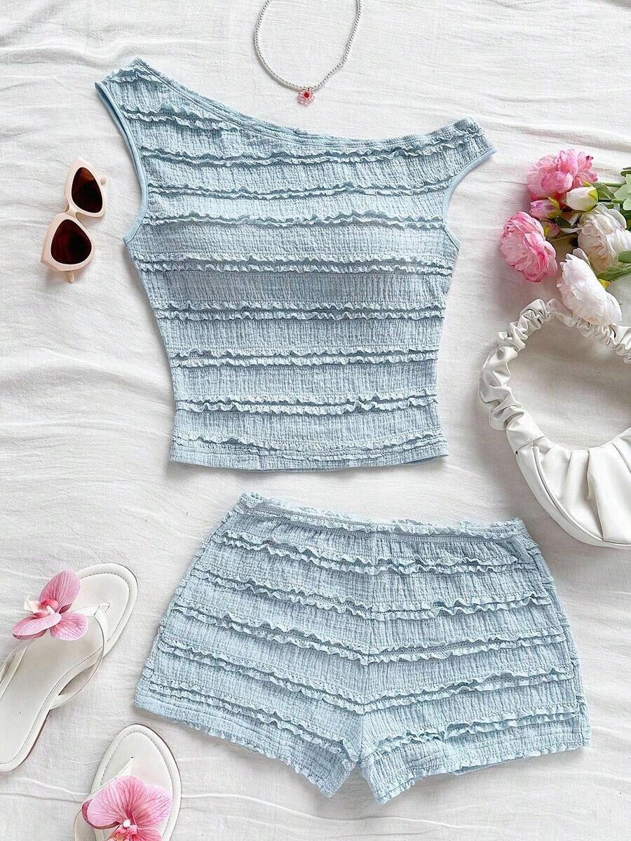 Conjunto de 2 piezas para vacaciones primavera/verano de mujer: Top corto asimétrico de hombro de punto a rayas rojas y blancas y shorts ajustados de tiro súper bajo, adecuado para fiesta, Navidad, San Valentín, cita, playa, crucero, carnaval, Pasc - Azul - Ver 1